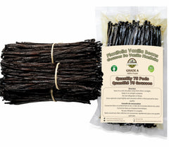 ESSENCE FOOD & BEVERAGE front packaging of 75 Grade A Java vanilla beans showing quantity and origin benefits