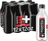 Essentia front packaging showing 12 x 12oz bottles and easy stacking benefit