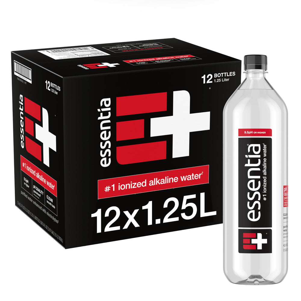 Essentia Water front packaging showing brand and 12-pack convenience benefit