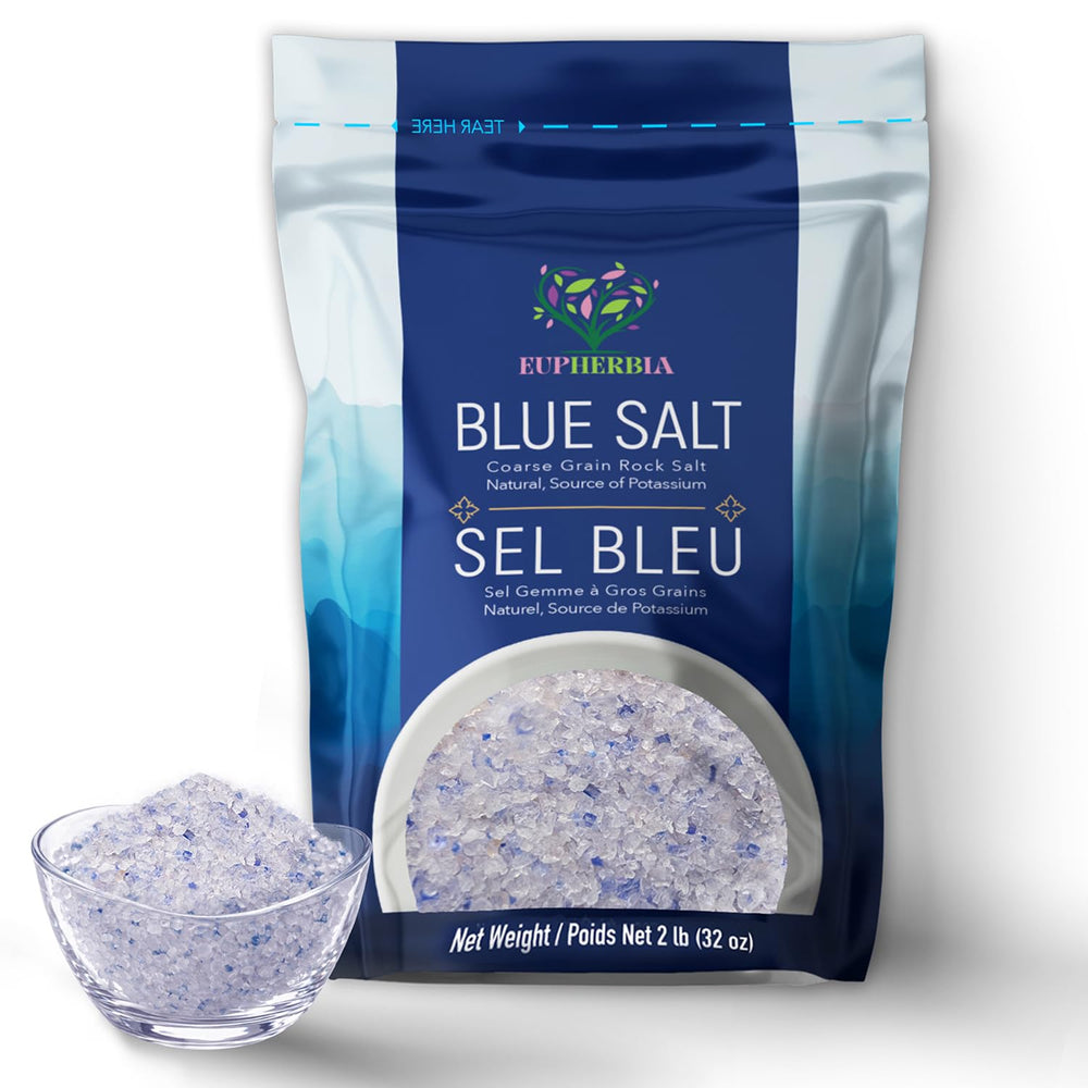 Eupherbia front package of 2 lb blue salt showing branding and refill format benefits