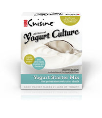 Euro Cuisine front packaging showing starter pouches and brand, conveys reliable home yogurt making