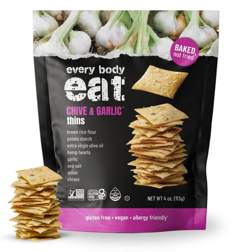 Every Body Eat front packaging showing chive and garlic flavor and clean ingredients