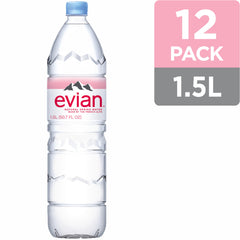 evian bottle close-up label highlighting source and balanced mineral profile