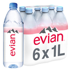 evian front packaging 1L six-pack showing bottles and logo for reliable hydration
