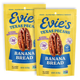 Evie's front packaging showing banana bread pecans and convenient two-pack benefit