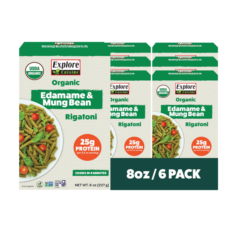Explore Cuisine front packaging showing organic rigatoni and label benefits