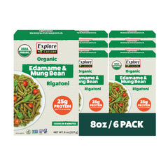 Explore Cuisine front packaging showing organic rigatoni and label benefits