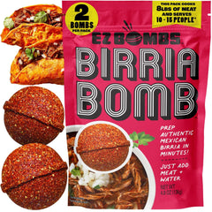 EZ Bombs front packaging showing two birria bombs and clear branding benefit convenience