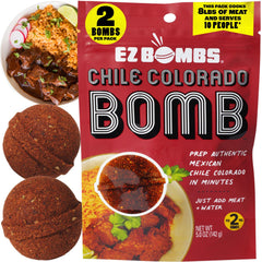 EZ Bombs front packaging showing two Chile Colorado spice bombs and branding benefit quick meals