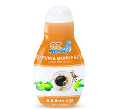 EZ-Sweetz front packaging showing two compact bottles and serving claim benefit