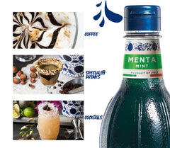 Fabbri mint syrup bottle beside a glass and recipe card for scale, highlights generous 1L supply