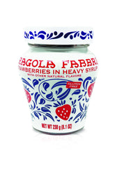 Fabbri jar front view showing strawberries and syrup for easy serving