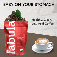 Fabula brewed cup steaming in mug, showcasing smooth low-acid benefit