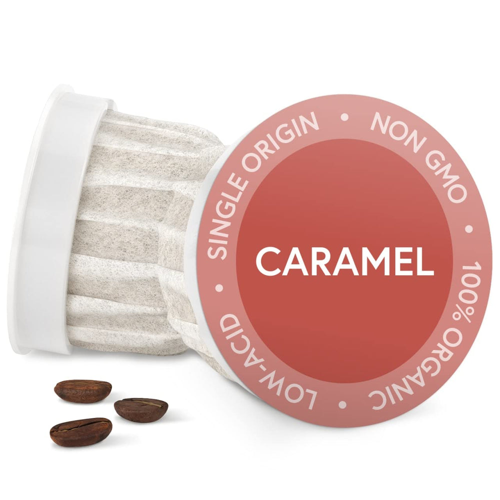 Fabula front packaging showing caramel pods and compostable benefit