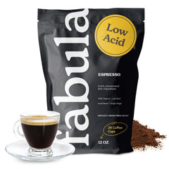 Fabula front packaging of 12 oz bag showing organic espresso benefits