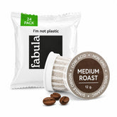 Fabula front packaging showing compostable 24-count pods and organic label benefit