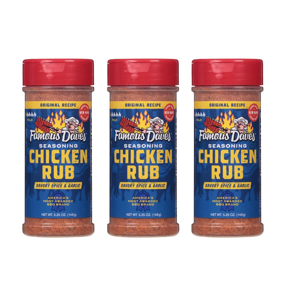 Famous Dave's front packaging showing three bottles and clear branding benefit: pantry-ready seasoning