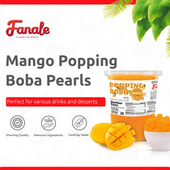 Fanale close-up texture of mango popping boba showing clear shell and juicy center for visual appeal