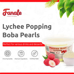 Fanale lychee popping boba pearls close-up showing glossy spheres and juicy appeal