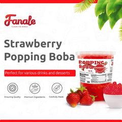 Fanale close-up of strawberry popping boba pearls showing juicy centers
