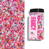 Fancy Sprinkles front packaging showing vibrant hot pink and rainbow mix for bold decoration