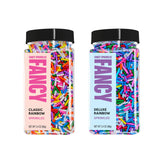 Fancy Sprinkles front packaging showing both Classic and Deluxe rainbow blends for easy selection