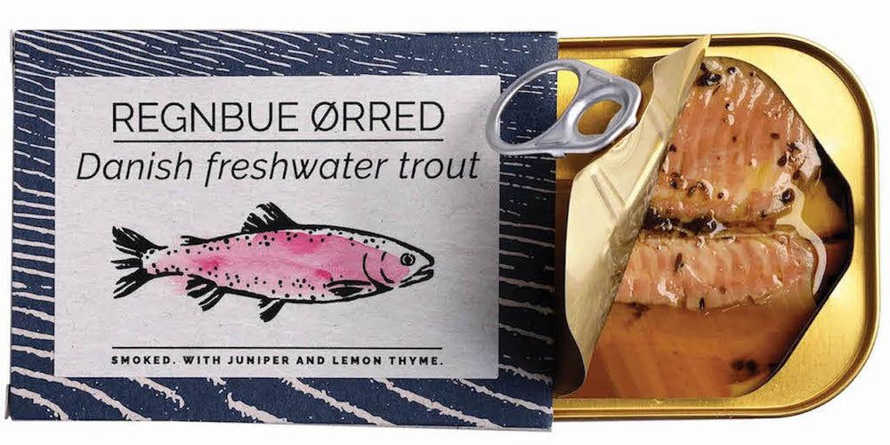 FANGST tin front packaging showing smoked trout and oil benefits convenience
