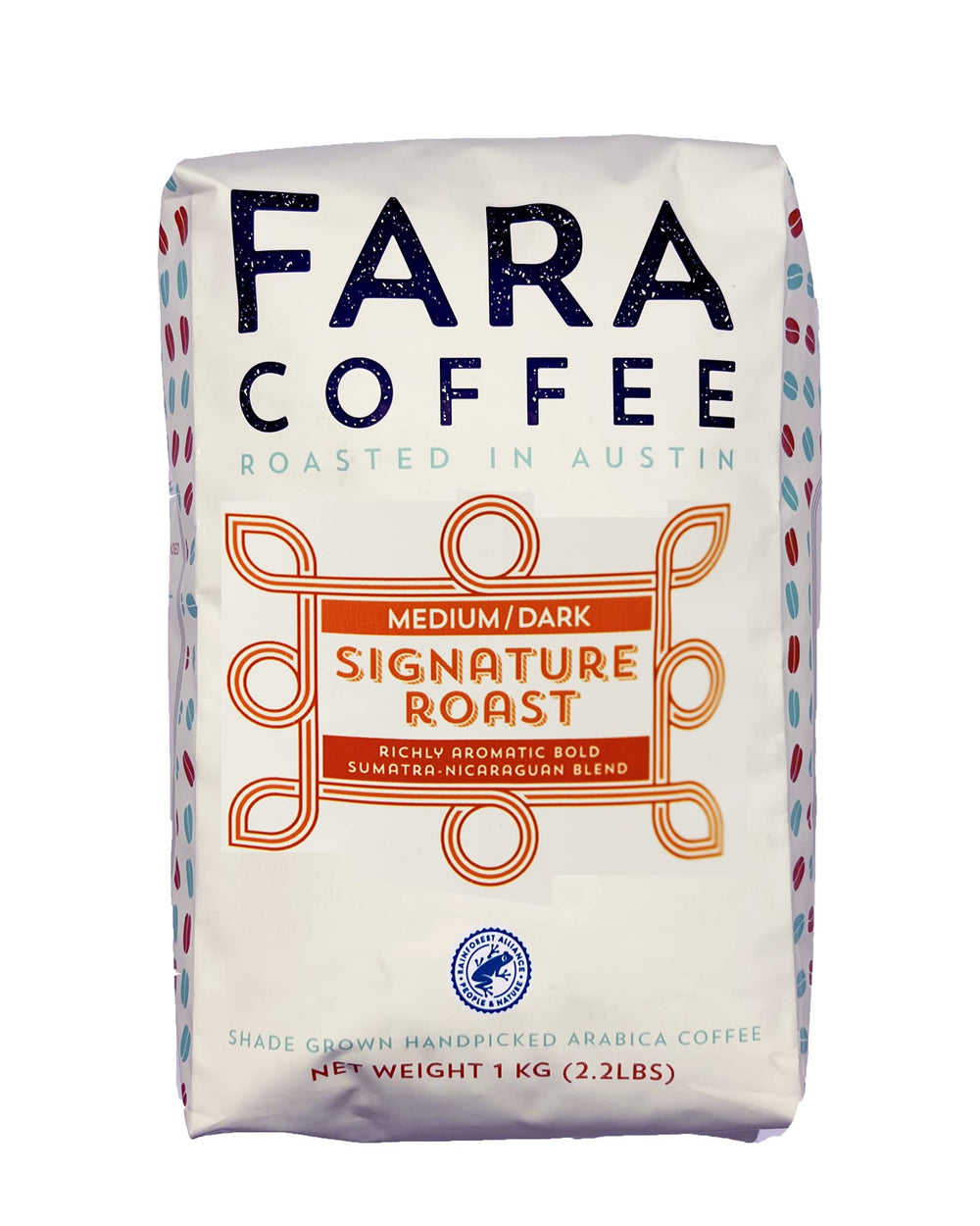Fara Coffee front packaging showing brand and 2.2 lb bag for clear identification and freshness