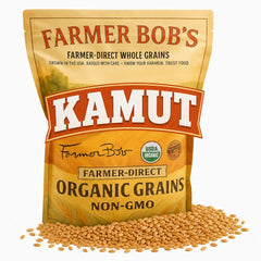 Farmer Bob's front packaging showing non-GMO organic 5 lb bag, pantry-ready benefit