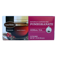 Farmer Brothers box front showing 25 wrapped tea bags and bright pomegranate benefit convenience