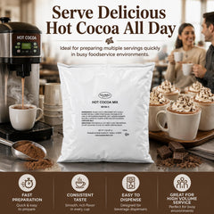 Steaming cup of hot cocoa made with Farmer Brothers mix, ready to serve