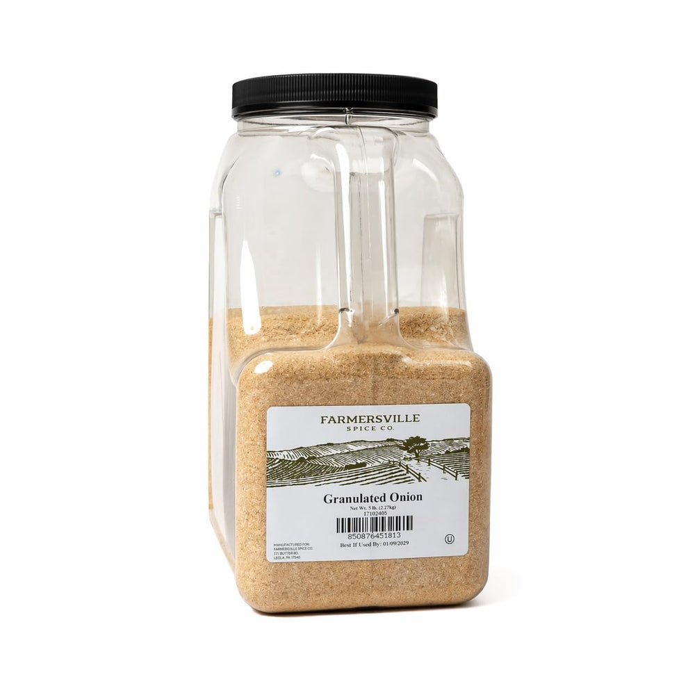 Farmersville Spice Co granulated onion front packaging shows product and bulk benefit