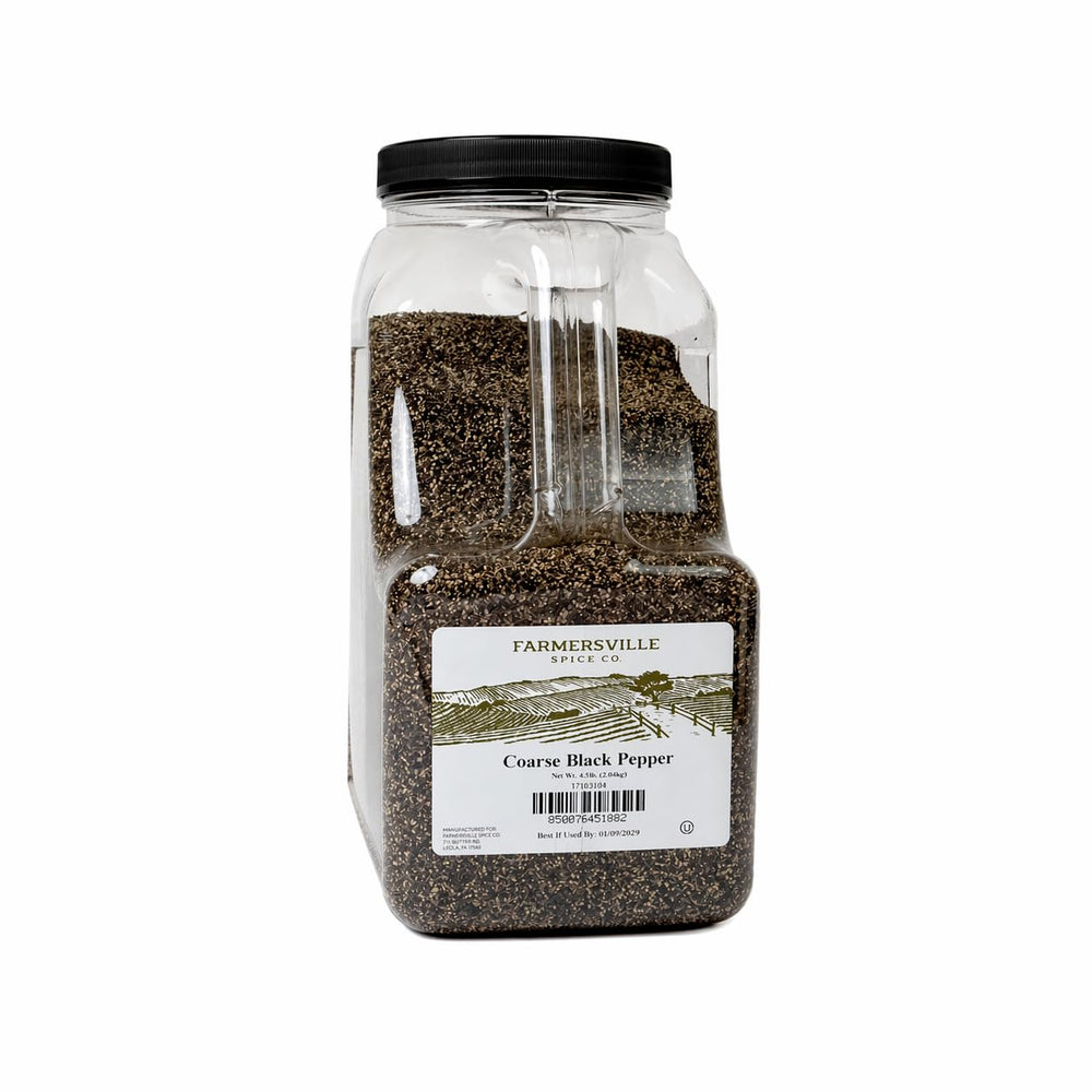 Farmersville Spice Co front packaging 4.5 lb jug showing easy-handle and label benefits