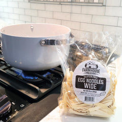 Farmhouse Preserve stroganoff plated with wide noodles showing sauce-holding benefit
