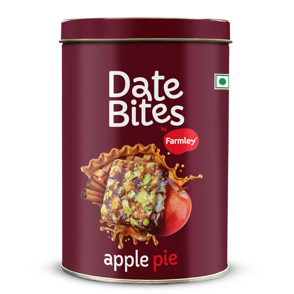 Farmley jar front view showing label and apple pie date bites packaging benefit freshness