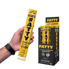 FATTY front packaging showing jalapeño cheddar flavor and benefits for quick selection
