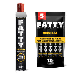 FATTY front packaging showing five Original 2 oz sticks, ready-to-go snack benefit