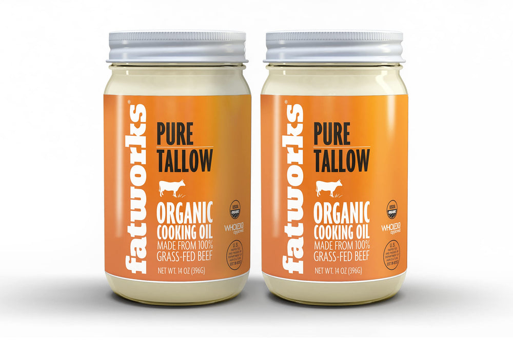 Fatworks glass jar front label showing organic grass-fed tallow, clear packaging benefit