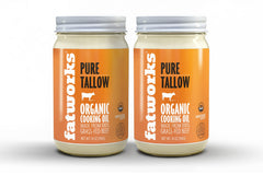 Fatworks glass jar front label showing organic grass-fed tallow, clear packaging benefit