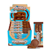 Feastables front packaging showing box with 24 two-cup packs and clear branding benefits portioning
