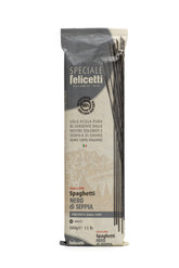 Felicetti front packaging showing black squid ink spaghetti and Italian origin benefits presentation