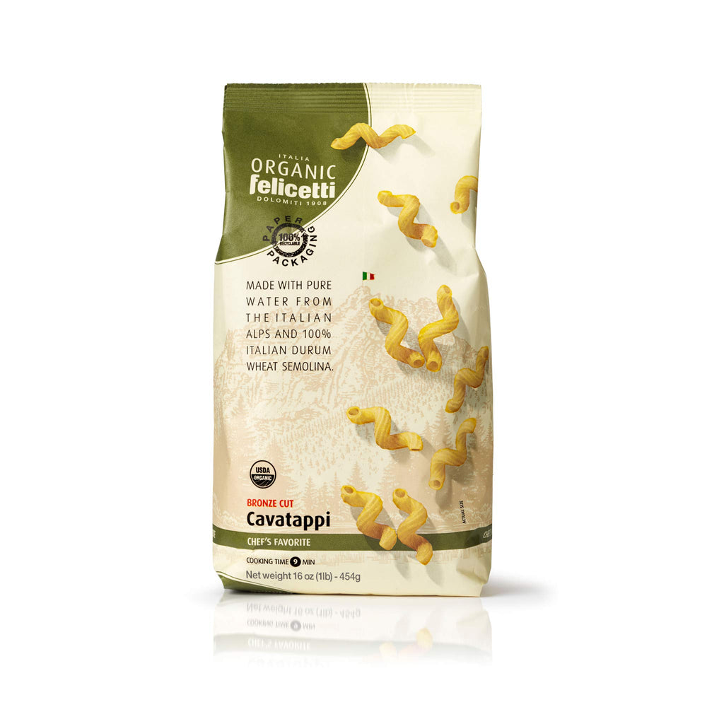 Felicetti front packaging showing two 16oz cavatappi packs and organic badge, clear benefit