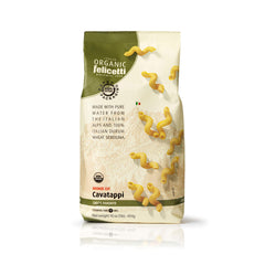 Felicetti front packaging showing two 16oz cavatappi packs and organic badge, clear benefit