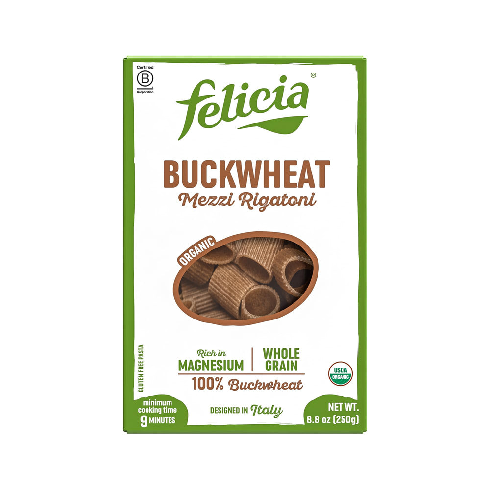 felicia front packaging showing gluten-free buckwheat mezzi rigatoni and benefits