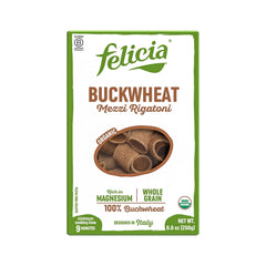 felicia front packaging showing gluten-free buckwheat mezzi rigatoni and benefits