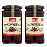 Felix front packaging showing two 14.5 oz lingonberry jars and clear branding benefit variety
