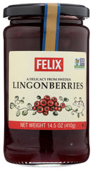 Felix lingonberries front jar shot showing clear label and serving suggestion