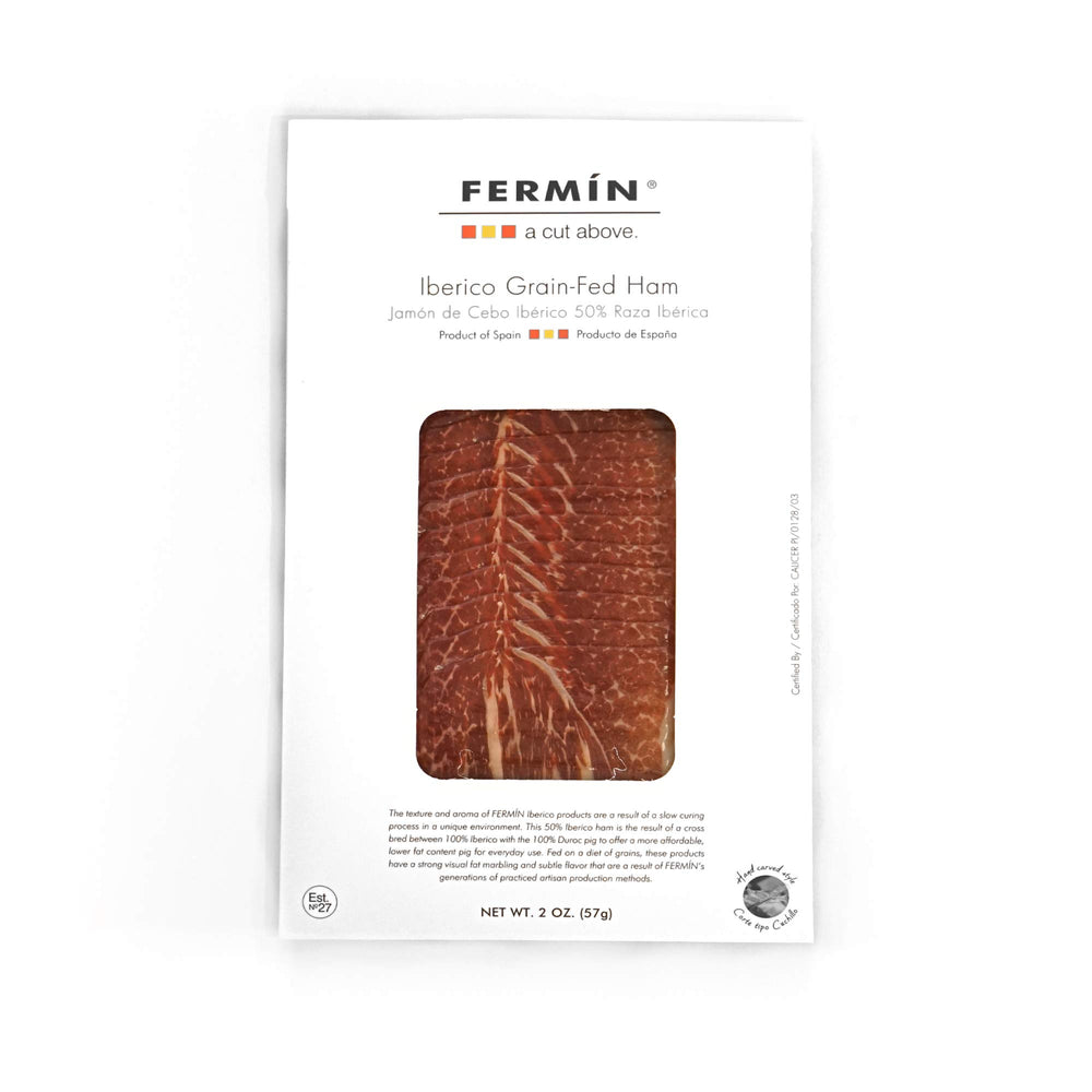 FERMIN front packaging showing 2 oz vacuum-sealed ham and authentic label benefit of freshness