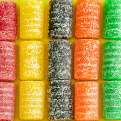Ferrara Wonka Chuckles close-up of sugar-coated jelly texture highlighting chewy appeal
