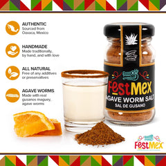 Shot glass rimmed with FESTMEX Sal de Gusano beside mezcal, demonstrates enhanced tasting experience